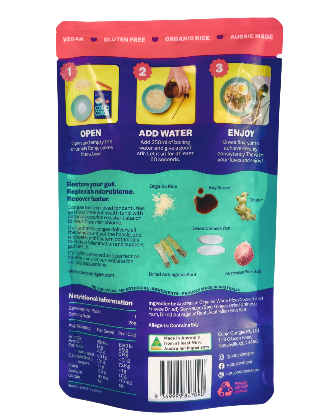 Back of a Conjo Congee packaging with branding, nutritional information, and ingredient list.