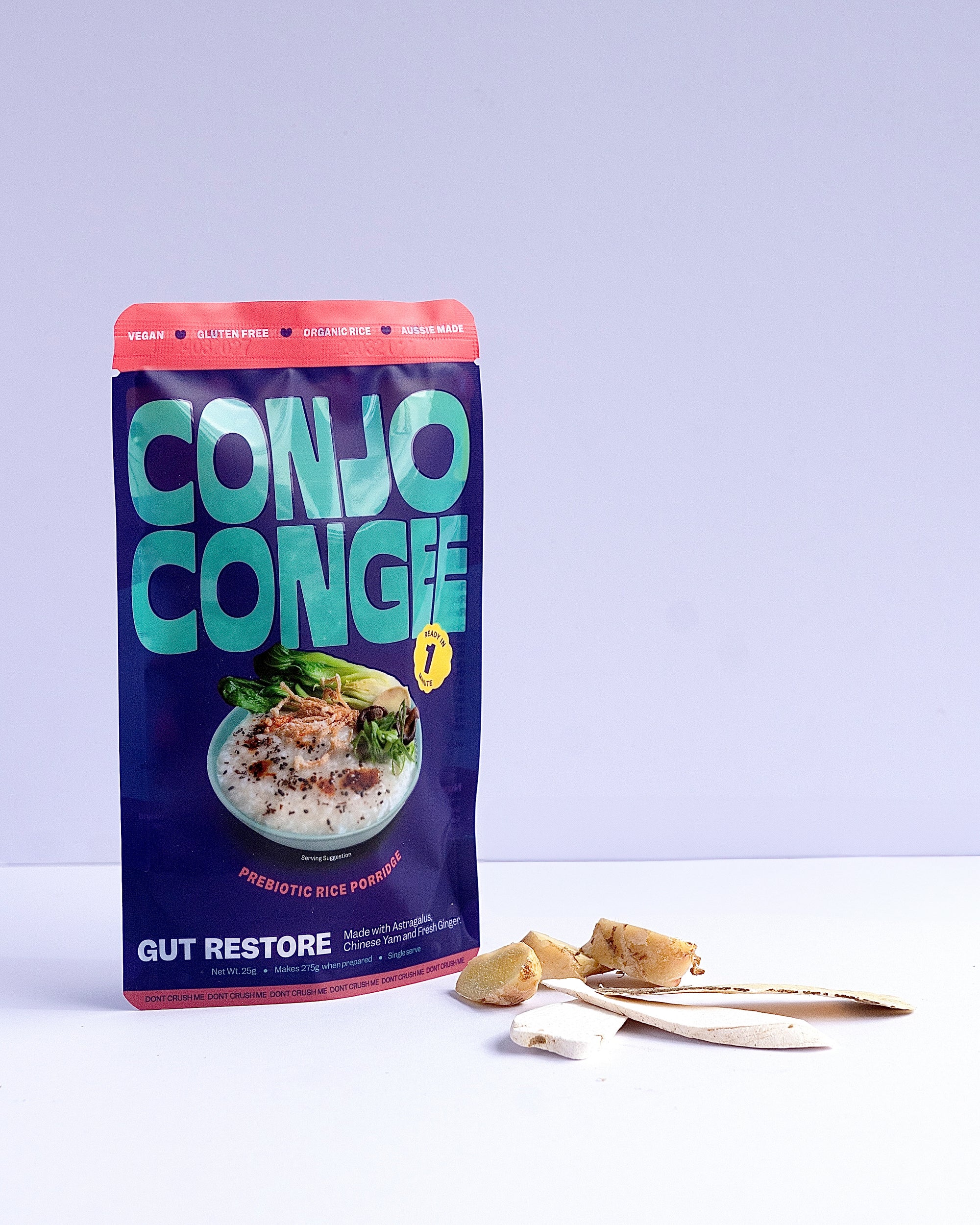Conjo Congee package with a purple background